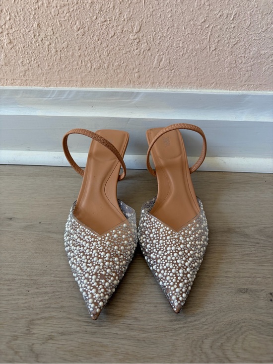 Zara Shoes - Zara Nude Pearl-Embellished Pointed Toe Sling Heels